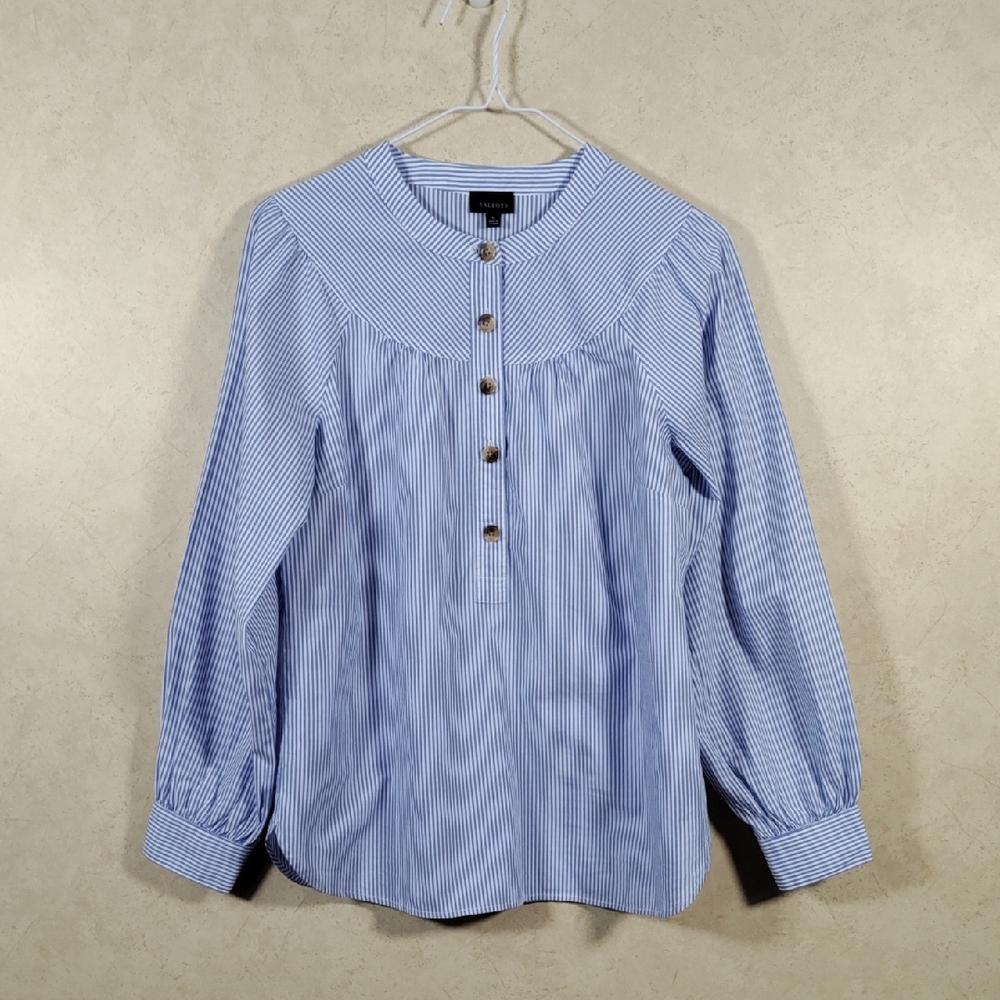 H168 Talbots blue & white striped round yoke L/S cotton blouse S
